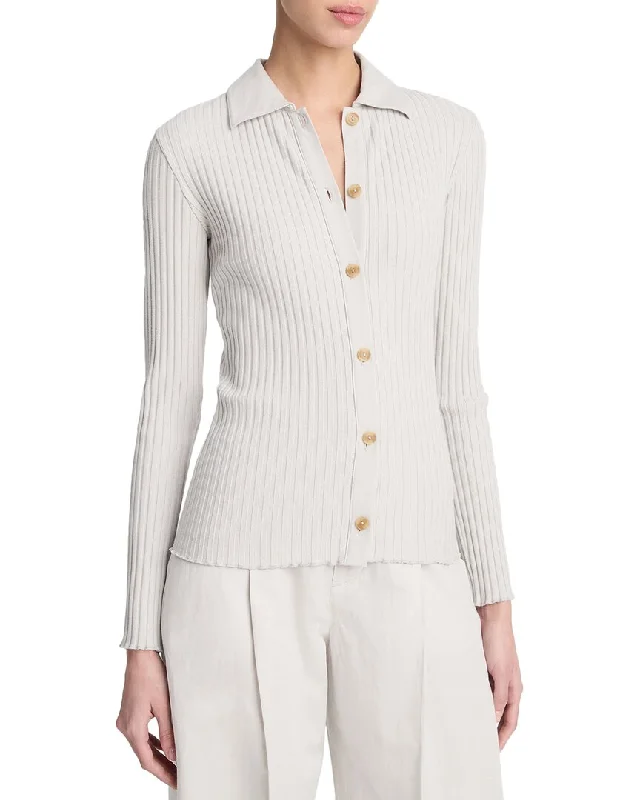 Vince Rib Button-Up Polo Shirt-- Fleece Nylon Spandex