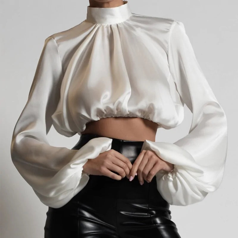 Fashion Chic Satin High Neck Blouse Shirt-- Jersey Fabric Tulle Fabric Batik Fabric