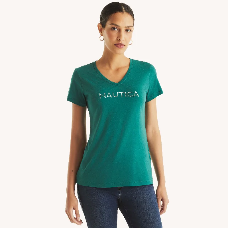 Nautica Womens V-Neck T-Shirt-- Denim Fabric Leather Fabric Suede Fabric