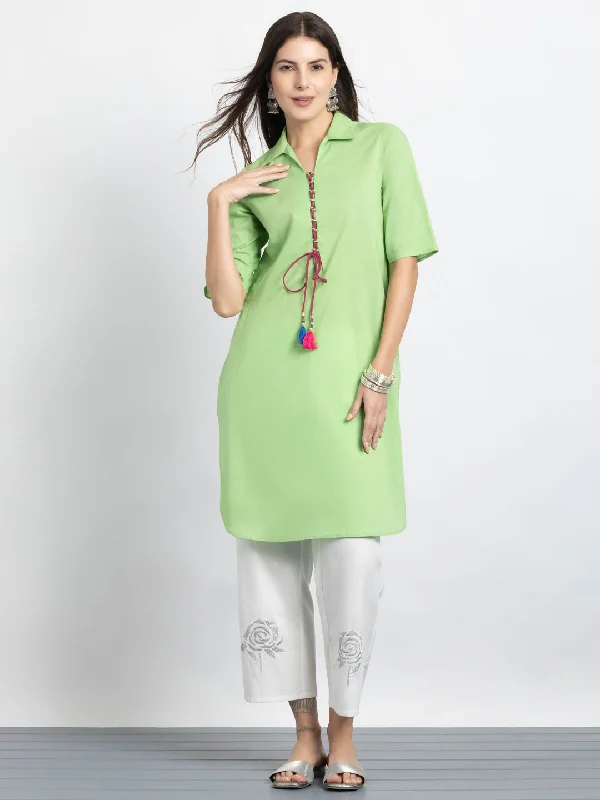 Green Shirt Collar Kurta & Trouser Set-- Zippered Buttoned Snapped