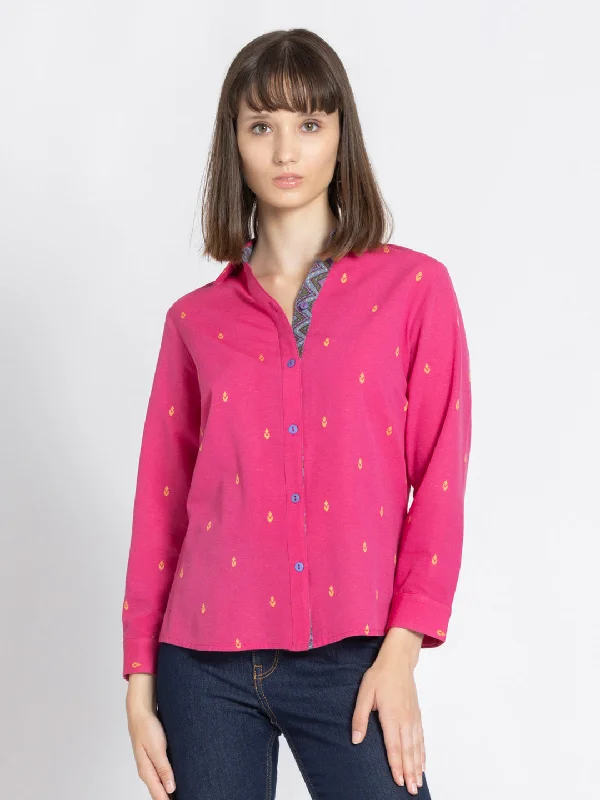 Pink Shirt Collar Ethnic Motif Kurti-- Satin Blend Silk Blend Wool Blend