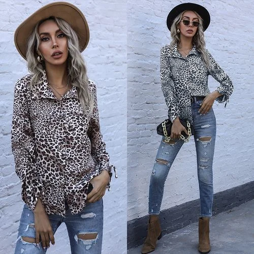 Womens Leopard Print Shirt Long Sleeved Single-breasted Blouse-- Real Fur Shearling Chenille
