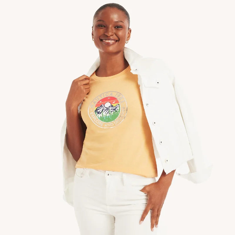 Nautica Womens Great Outdoors Foil Graphic T-Shirt-- Mesh Blend Leather Blend Suede Blend