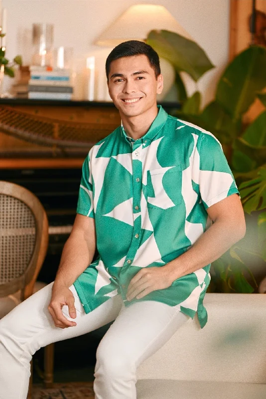 The Glow Men Batik Shirt - Green Geo-- Houndstooth Herringbone Solid
