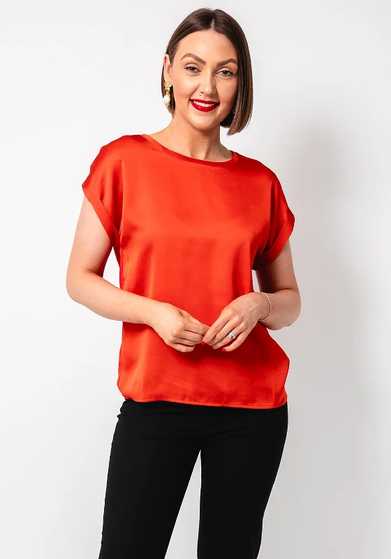 Vila Ellette Satin Front T Shirt, Red-- Notch Collar Peter Pan Collar Cowl Neck