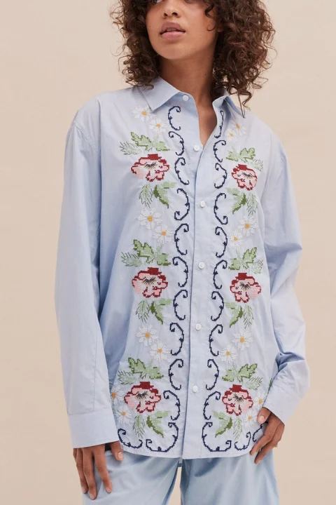Lounge Shirt - Dorothea Cross Stitch - Light Blue-- Asymmetrical Pockets Print