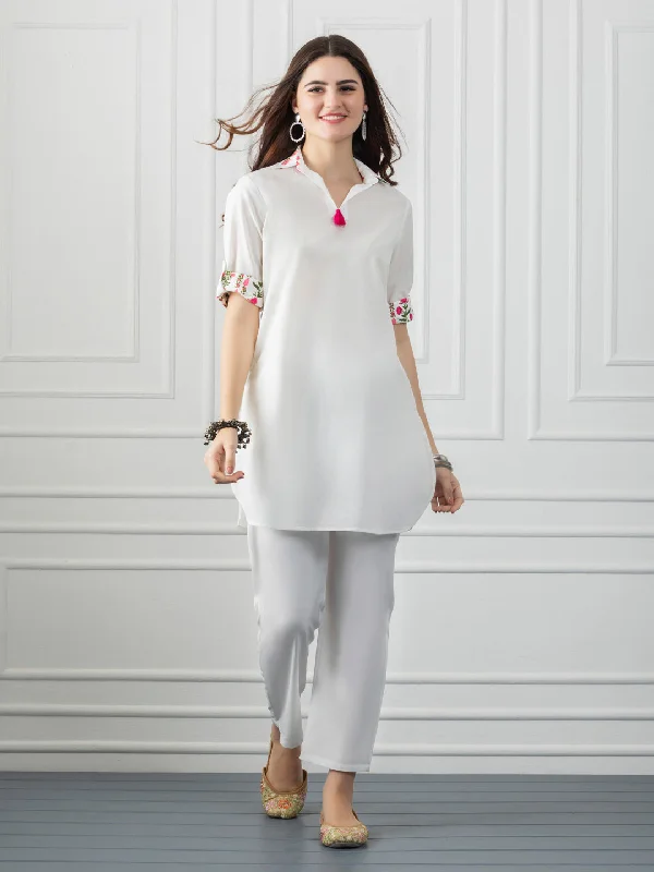 White Shirt Collar Kurti With Tassel & Floral Print Detailing-- Mesh Blend Leather Blend Suede Blend