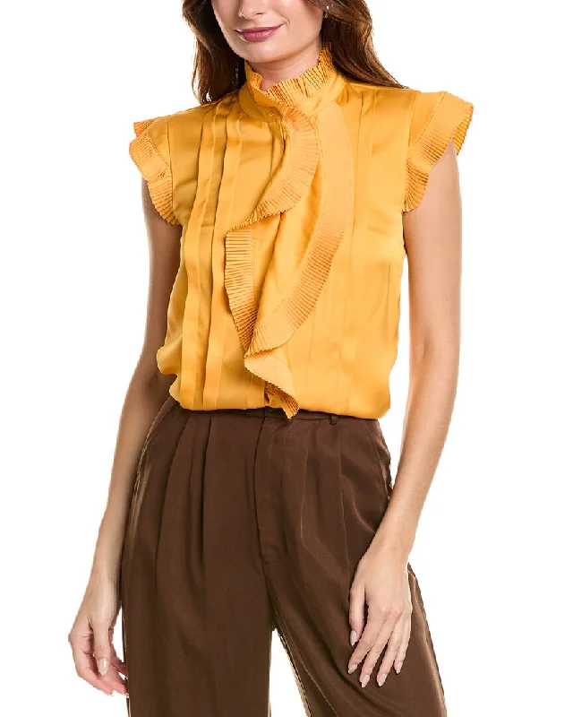 Elie Tahari Cascade Ruffle Silk-Blend Shirt-- Mesh Blend Leather Blend Suede Blend