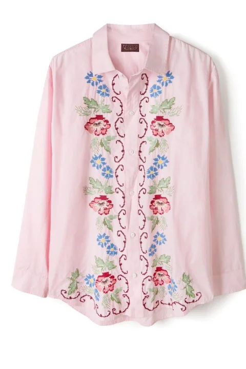 Lounge Shirt - Dorothea Cross Stitch - Pink-- Modern Contemporary Chic