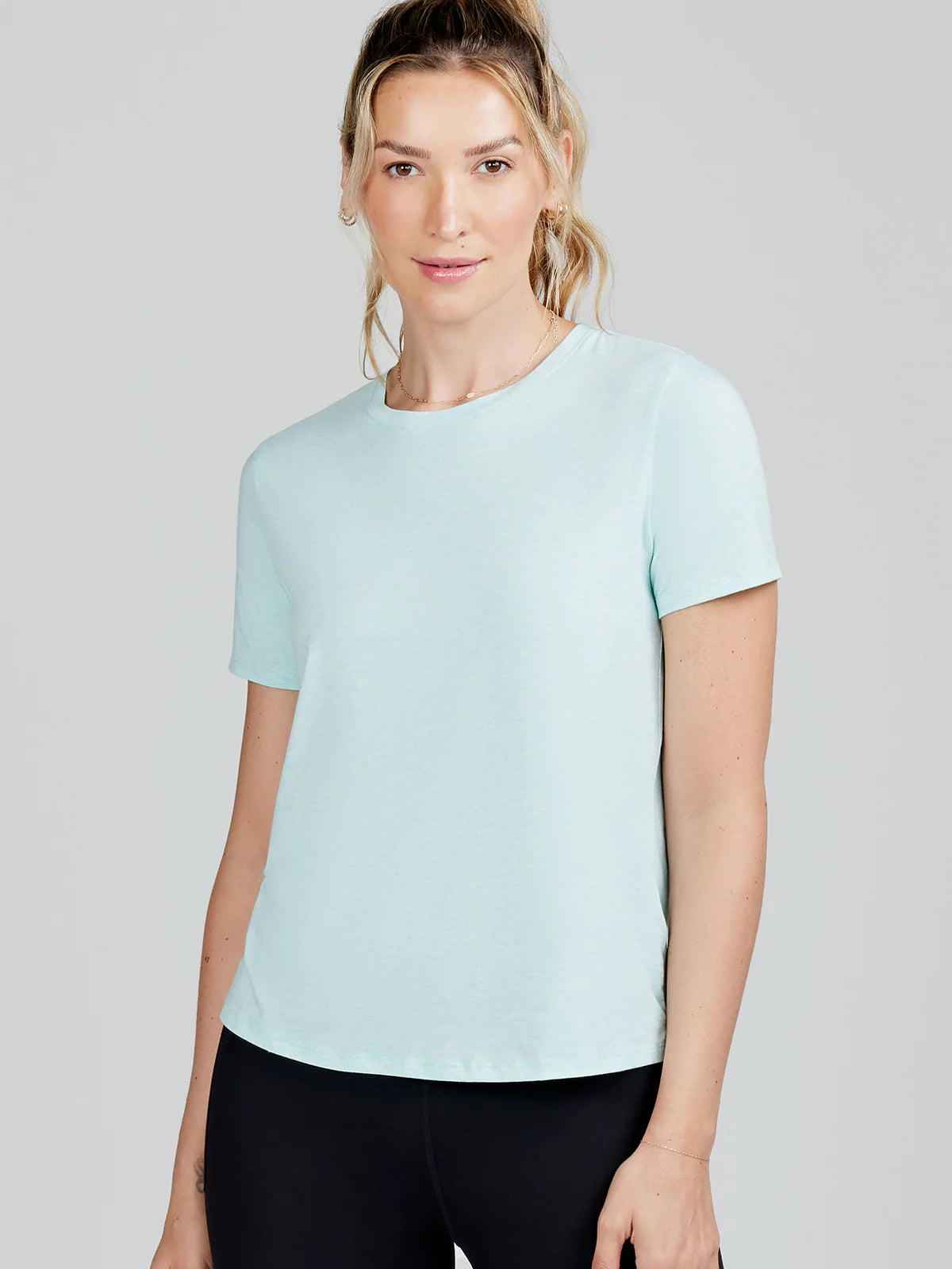 tasc Performance All Day T-Shirt in Serene Heather-- Notch Collar Peter Pan Collar Cowl Neck