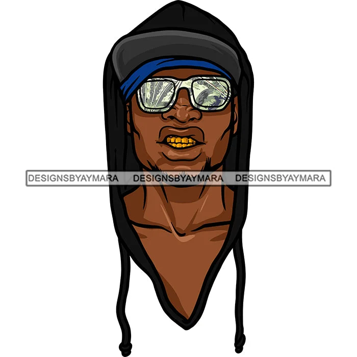 Black Beard Man Face Wearing Hoodie White Sunglasses Golden Gold Teeth  Nubian African American Boy SVG JPG PNG Vector Clipart Cricut Silhouette Cut Cutting Hoodie with Neon Bright Vibrant