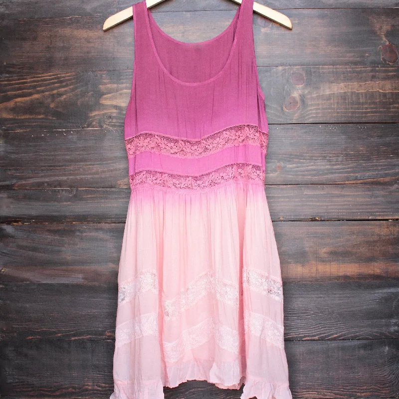 Dip Dye Boho Lace Trim Trapeze Slip Dress in Pink Tunics Satin smooth
