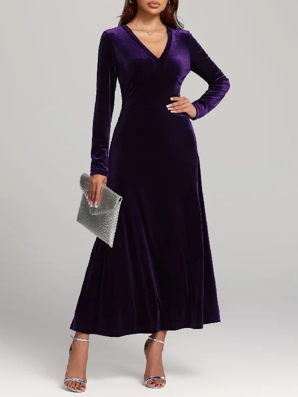 V-Neck Long Sleeve Velvet Dress Tunics Vintage classic