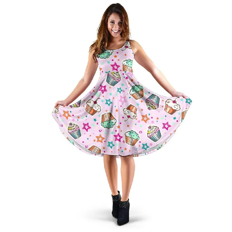 Cupcake Pattern Print Dress Crew Neckline Casual