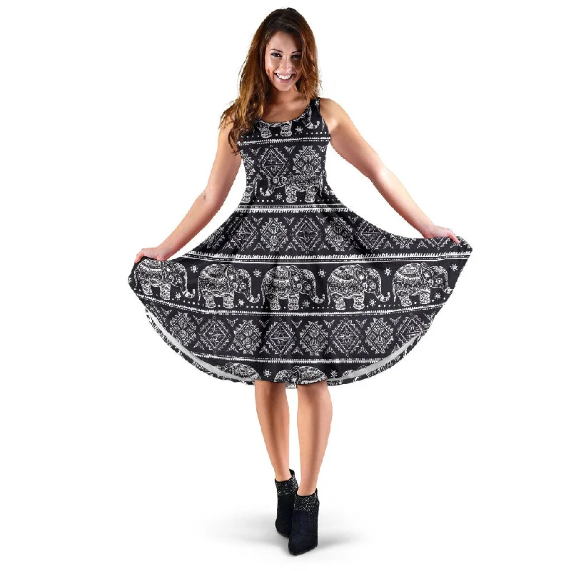 Black Aztec Elephant Pattern Print Dress Tunics Silk luxurious