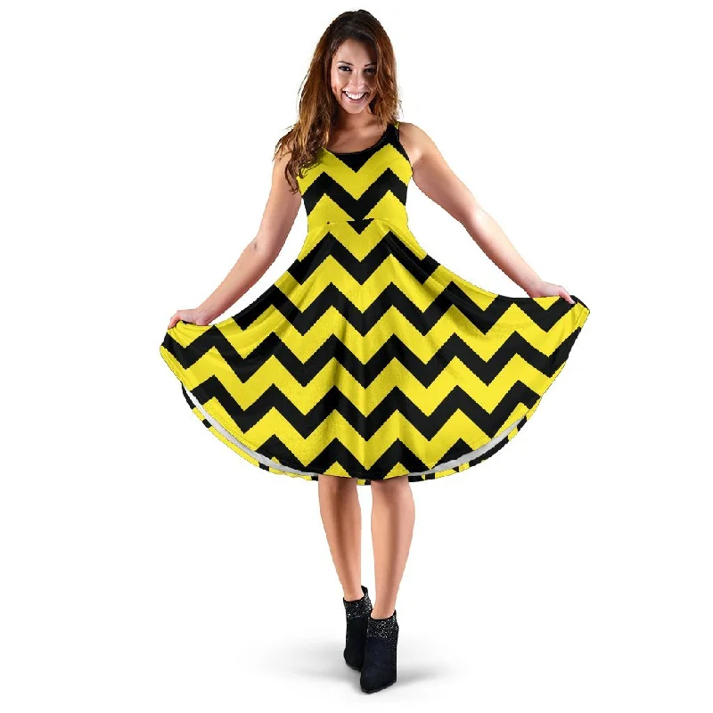 Zig Zag Yellow Pattern Print Dress Square Neckline Feminine