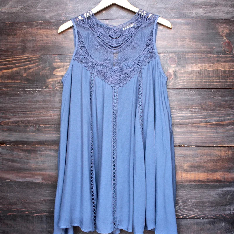 Final Sale - Boho Crochet Lace Dress in Slate Blue empire Waist empire