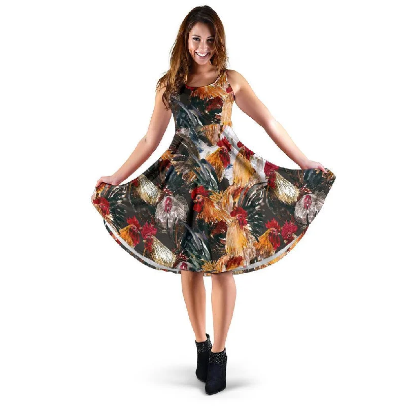 Farm Chicken Hen Pattern Print Dress Crew Neckline Sporty