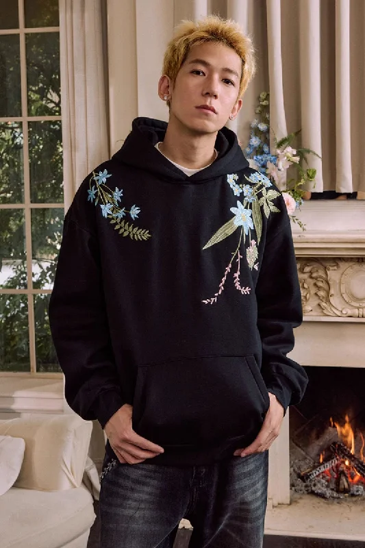 Floral Embroidered Oversized Hoodie Hoodie with Patch Decorative Personalized