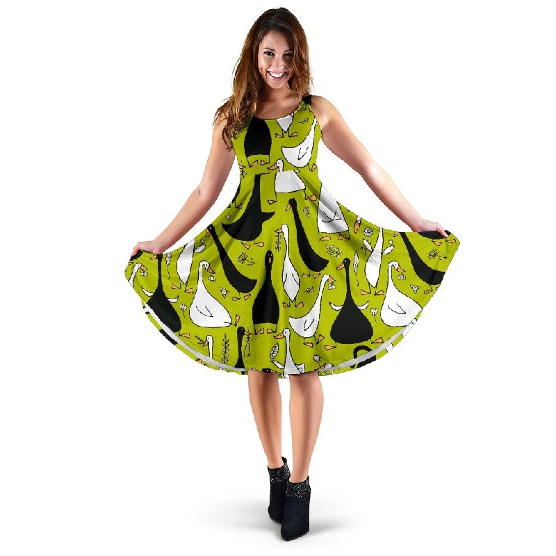 Black White Duck Mallard Pattern Prin Dress Square Neckline Feminine