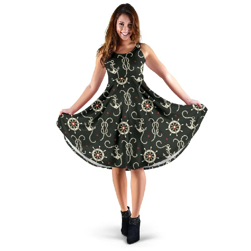 Anchor Nautical Pattern Print Dress Maxi Flowy Bohemian