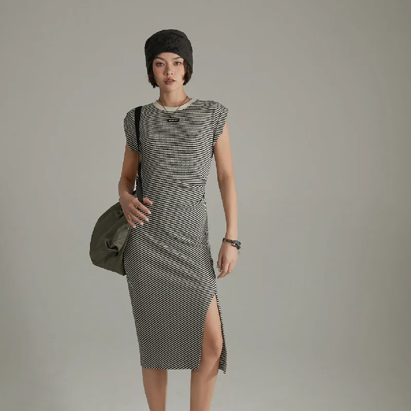 Short Sleeve Slit Stripe Long Dress Tunics Stylish elegant