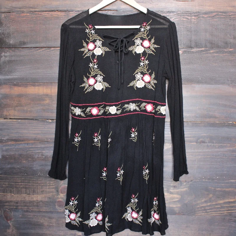 Final Sale - Gauzy Embroidered Boho Dress in Black Tunics Formal black