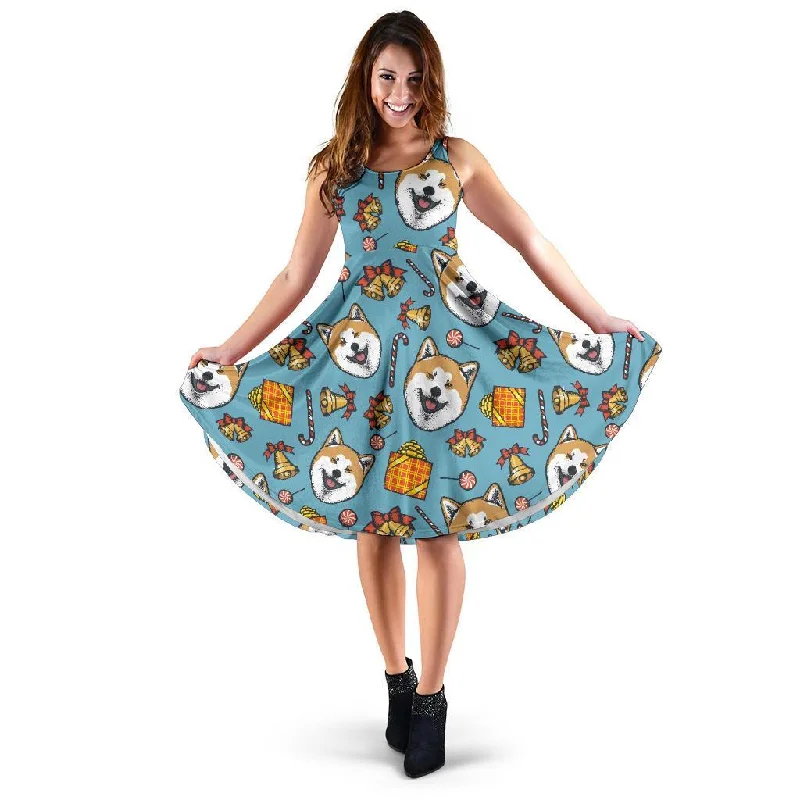 Akita Dog Pattern Print Dress Boatneck Modish Everyday