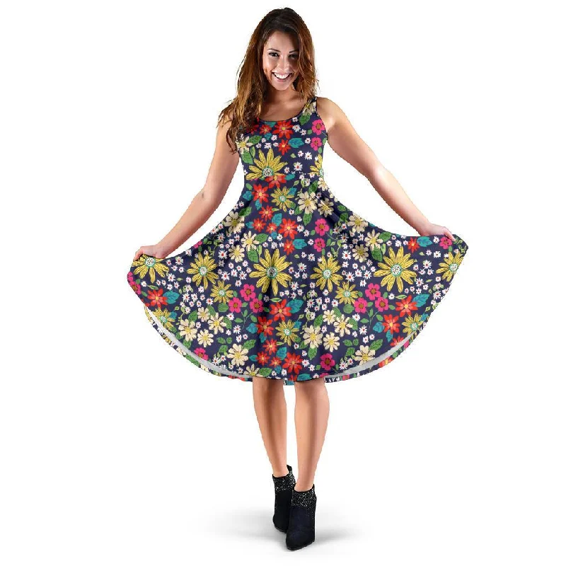 Cute Colorful Daisy Pattern Print Dress Shift Classic Vintage