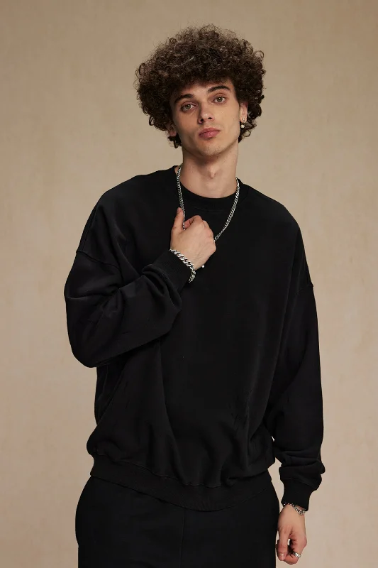 Distressed Washed Crewneck Sweatshirt Hoodie with Slit Hem Functional Movement