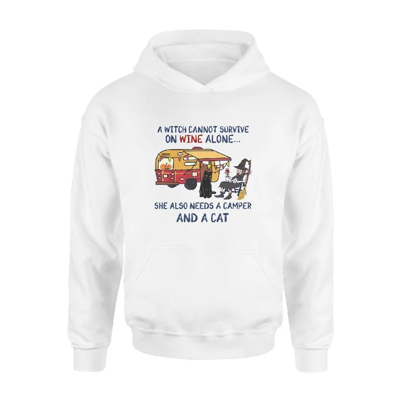Witch, Camping, Cat, Wine Camper Black Cat A Wich Cannot Survive On Wine Alone - Standard Hoodie Hoodie with Batwing Sleeves Loose Dramatic