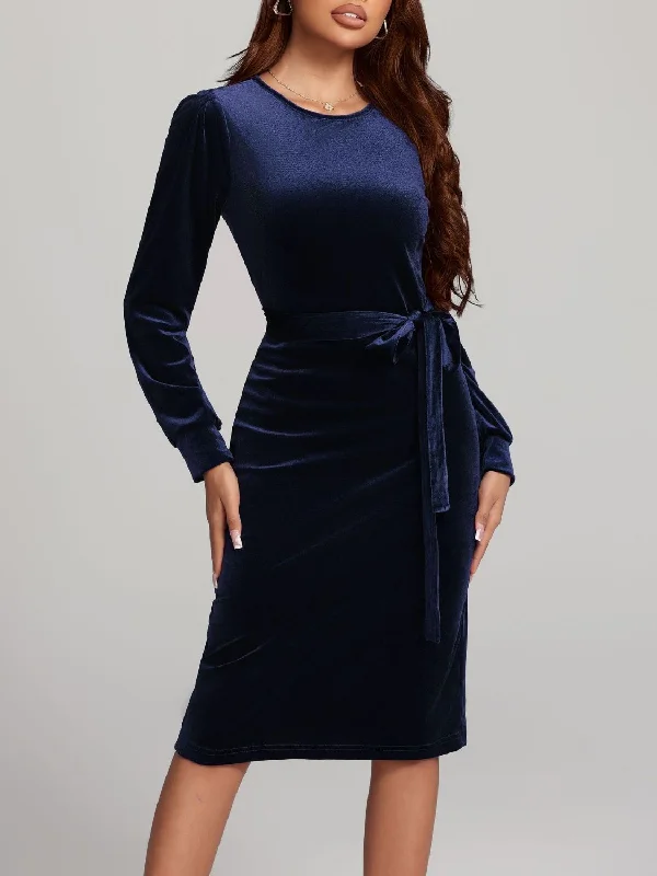 Round Neck Tie Waist Long Sleeve Velvet Dress Tunics Spring floral