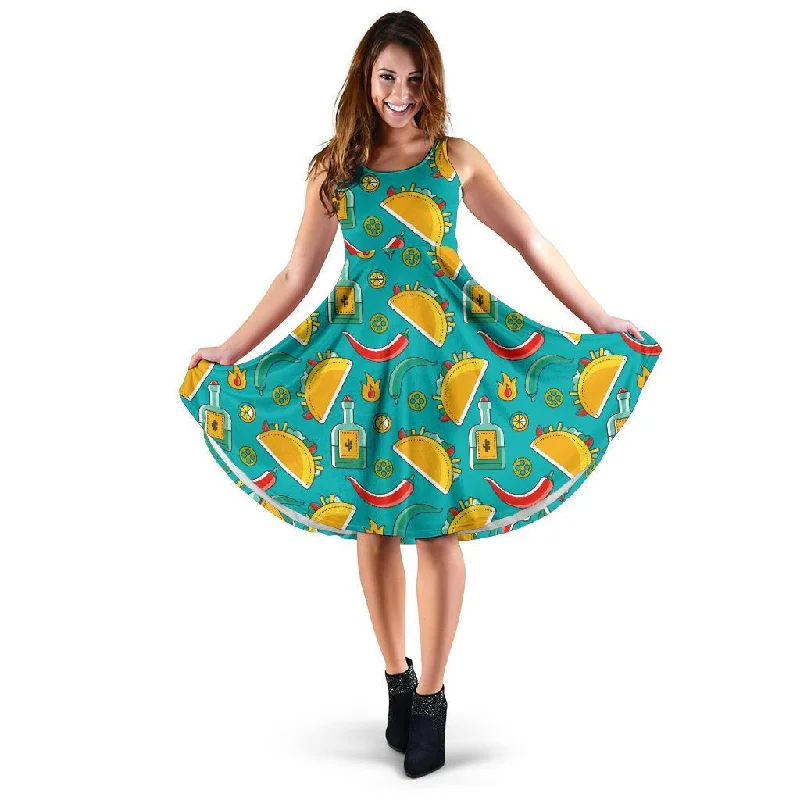 Chilli Taco Pattern Print Dress Crew Neckline Casual