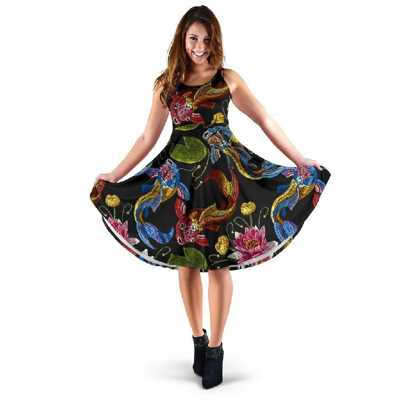 Crochet Koi Fish Lotus Pattern Print Dress Tunics Silk luxurious