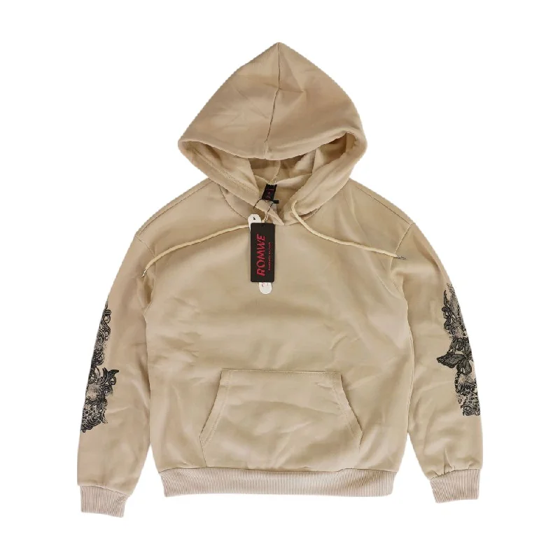 Beige Graphic Hoodie Hoodie with Hem Lace Feminine Delicate