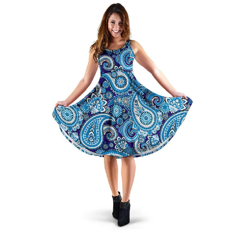 Blue Paisley Pattern Print Dress Elegant Long Evening