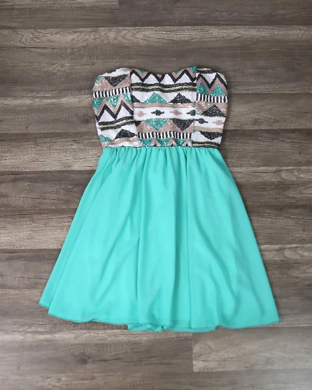 Aztec Sequin Strapless Sweetheart Dress in Turquoise Tunics Stylish modern