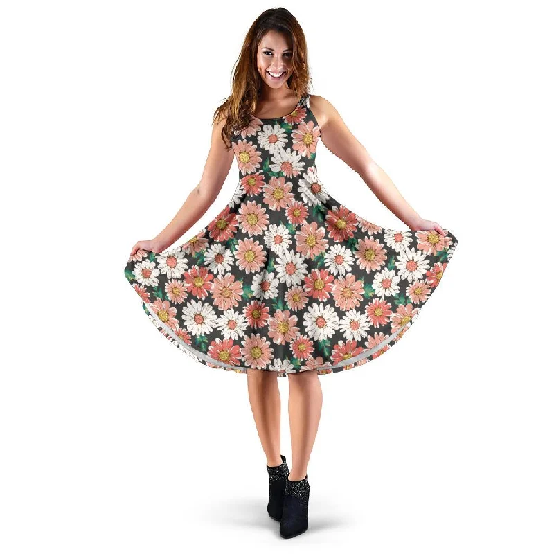 Cute White Pink Daisy Pattern Print Dress Tunics Trendy modern