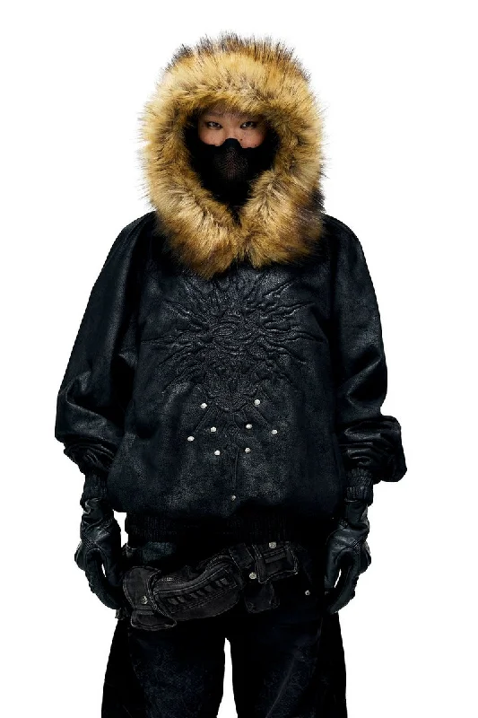 Totem Leather Black Hoodie Hoodie with Monochrome Minimalist Simple