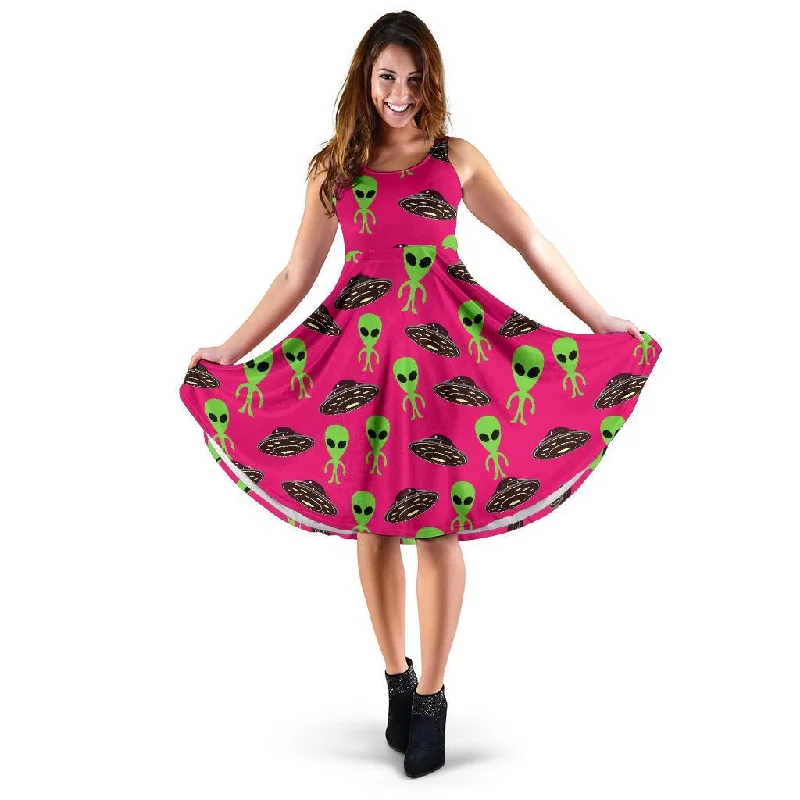 Alien Ufo Pink Pattern Print Dress Halter Neckline Beach
