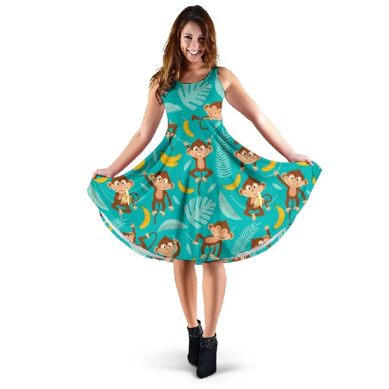 Banana Monkey Pattern Print Dress Tunics Bridal satin