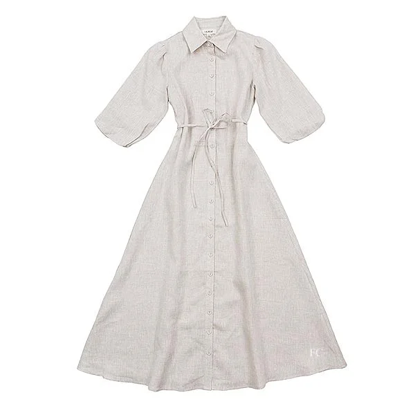 Tie belt tan linen dress by Alexandre Laurent Elegant Long Evening