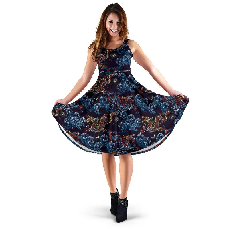 Chinese Wave Dragon Pattern Print Dress Casual Short Summer
