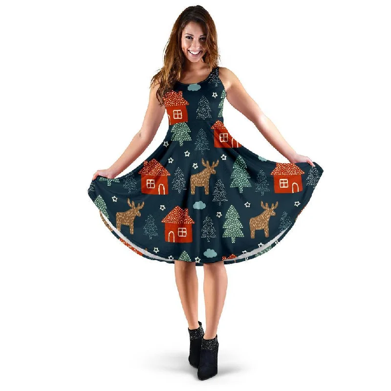 Christmas Tree Reindeer Pattern Print Dress Tunics Versatile stylish