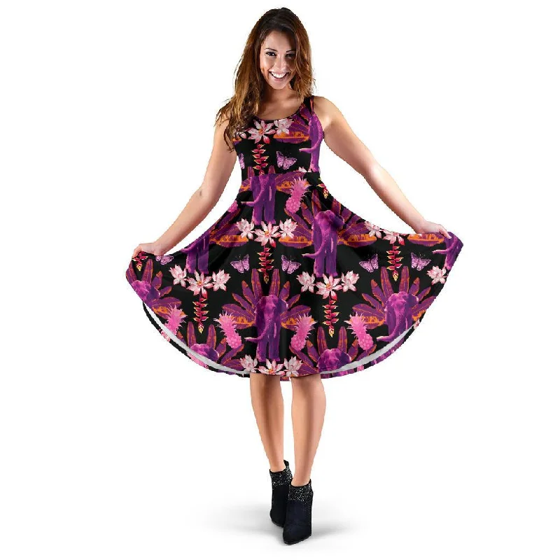 Floral Banana Leaves Elephant Print Dress Tunics Stylish elegant