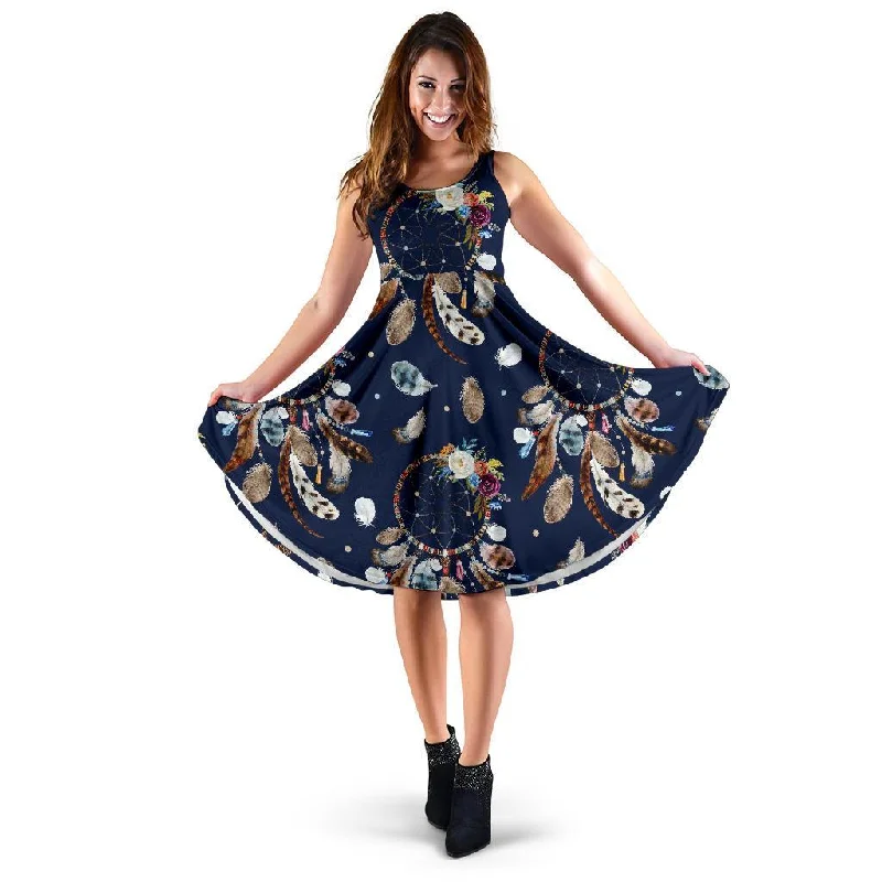Feather Dream Catcher Blue Boho Dress Cowl Neckline Elegant