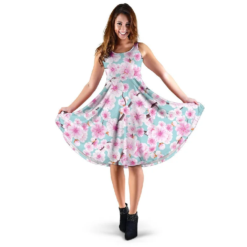 Cherry Blossom Sakura Blue Dress Tunics stripes playful
