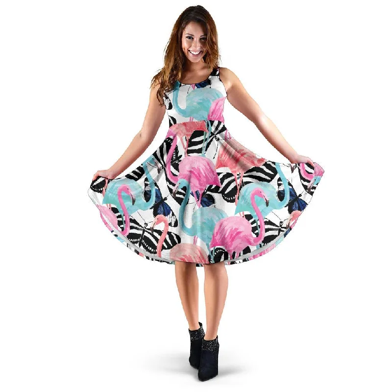 Flamingo Butterfly Hawaiian Tropical Pattern Print Dress A-Line Day Work