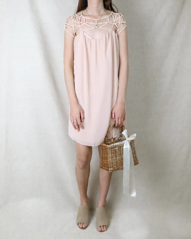 Final Sale - Caged Up Flowy Chiffon Dress in Almond Tunics Stylish elegant