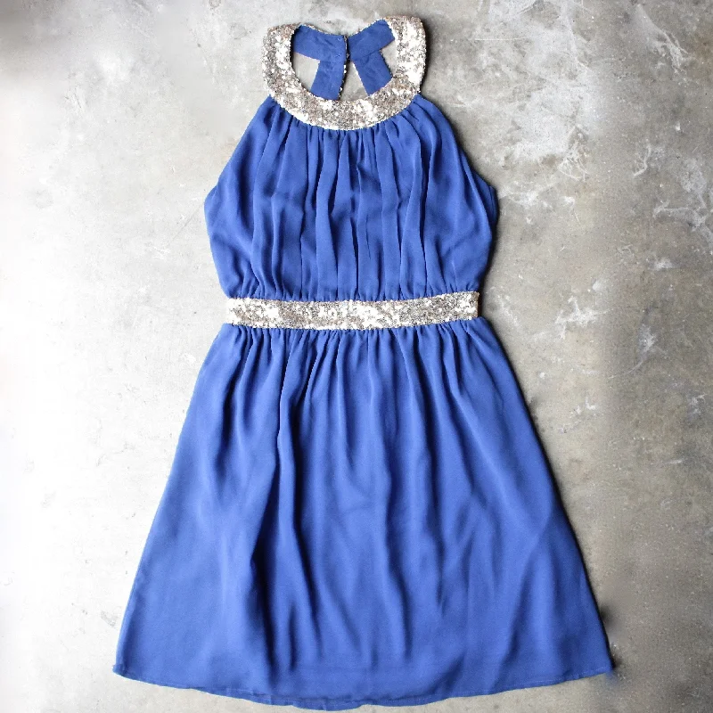 Stepping Out Pleated Halter Dress with Gold Sequin in Blue Pencil Office Professional